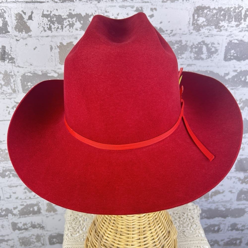 Vintage C.R. Anthony Dyna Felt Red Cowboy Hat Wool Fur Feathers Sz 7 1/4 USA